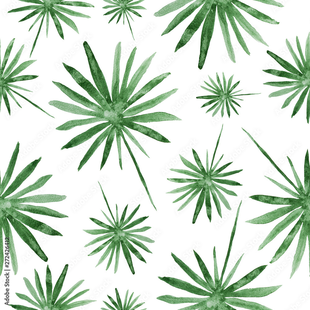 Hand drawn green palm leaves, tropical watercolor painting - seamless pattern on white background