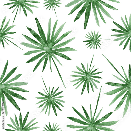 Hand drawn green palm leaves  tropical watercolor painting - seamless pattern on white background