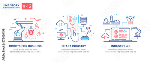 Set of illustrations concept with businessmen. technology, partnership, connection, business robot, cybes. linear illustration Icons infographics. Landing page site print poster. Line story