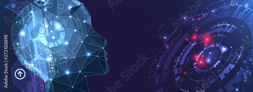 Artificial intelligence (AI) and big data concept. Machine cyber mind.  Humen face with binary data flow. Technology vector background.