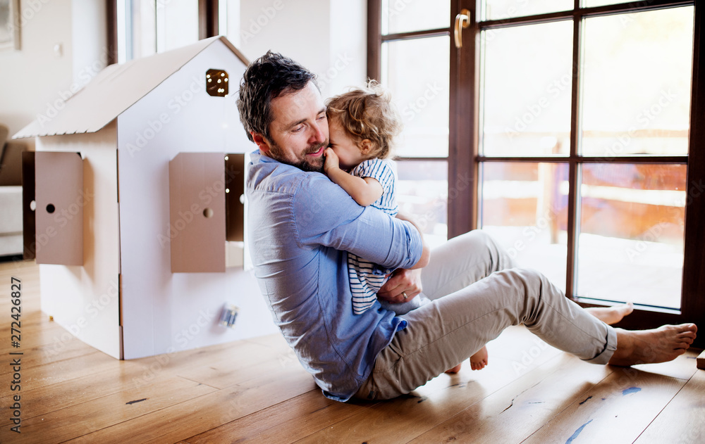 Two toddler children with father playing indoors at home. Two toddler children with father playing indoors at home.