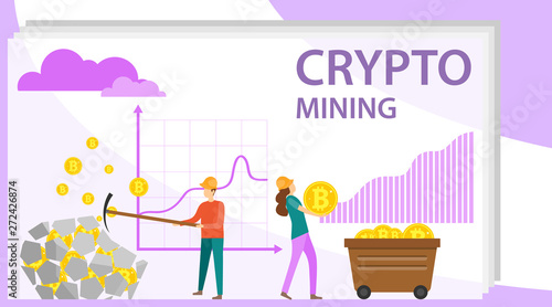 Crypto mining. People mine crypto currency from stone. The concept of crypto resource extraction. Vector illustration