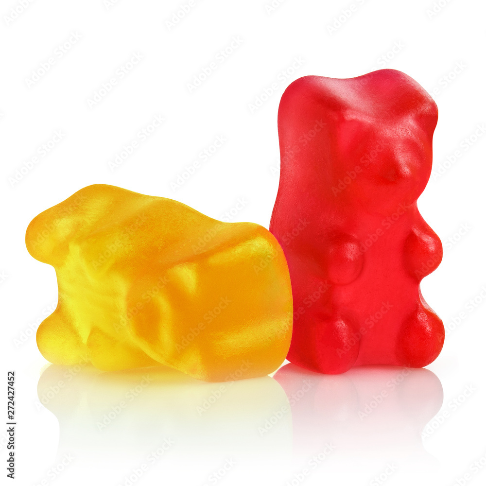 Two colorful jelly gummy bears, isolated on white background Two colorful jelly gummy bears, isolated on white background
