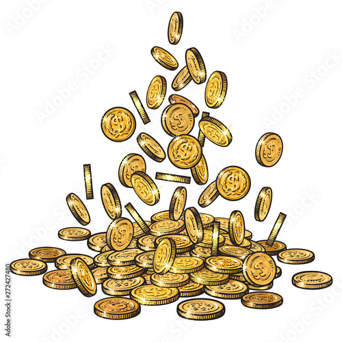 Sketch of gold coins falling in different positions, pile of cash, a lot of money. Hand drawn vector illustration on white background.