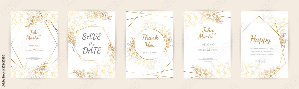 Wedding Invitation with Gold Flowers and gold geometric line design ...