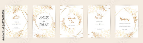 Wedding Invitation with Gold Flowers and gold geometric line design. background with geometric golden frame. Cover design with an ornament of golden leaves. vector eps10 photo