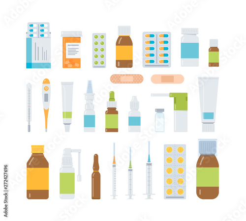 Set of drugs, medical bottles, tablets, capsules, sprays, ointments, injections, thermometers. Pharmacy, medicine and healthcare concept. Flat vector illustration. 