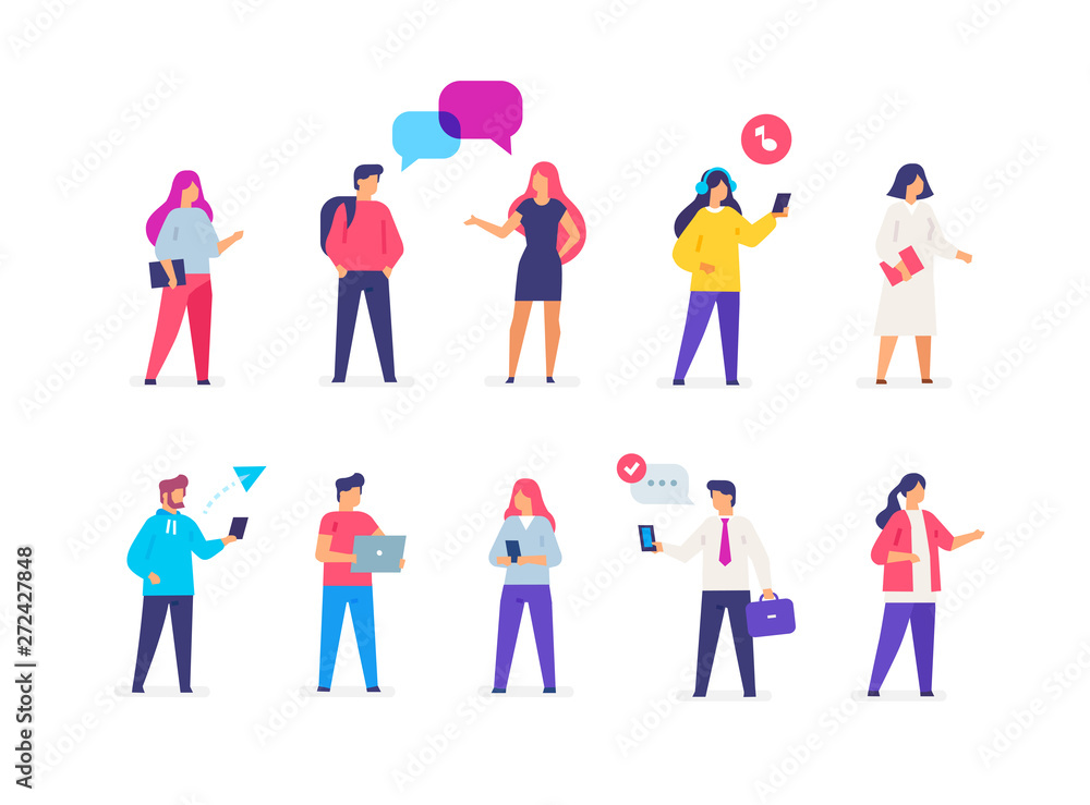 Group People use gadgets. set of icons, illustration. Smartphones tablets user interface social media.Flat illustration Icons infographics. Landing page site print poster.