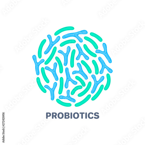 Vector probiotics in circular shape. Bifidobacterium, lactobacillus. Lactic acid bacterium. Medicine or dietary supplement. Brochure, label, cover, poster, banner, package, advertising, presentation