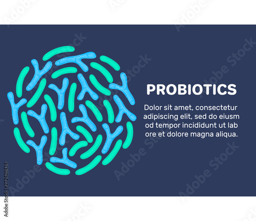 Vector background with probiotics in circular shape. Bifidobacterium, lactobacillus. Lactic acid bacterium. Medicine or dietary supplement. Landing page template, banner, mailing, label, presentation