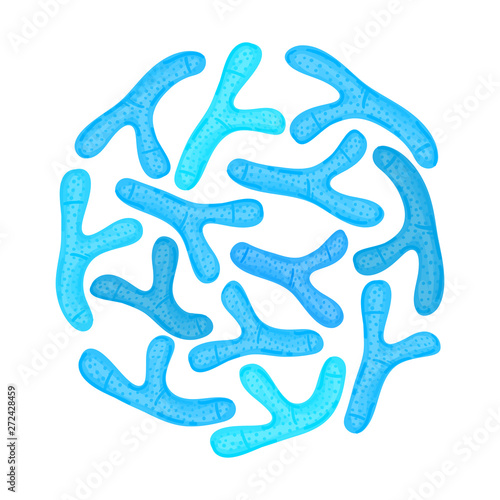 Vector probiotics in circular shape. Bifidobacterium. Microbiome. Medicine or dietary supplement. Brochure, flyer, label, cover, poster, banner, package, advertising, presentation. Blue color. Eps10