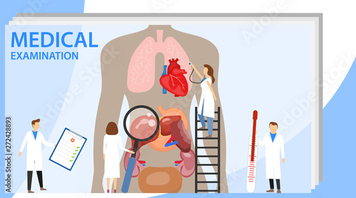 Medical examination. The concept of mini people conducting medical examinations of human organs. Man with magnifying glass, stethoscope