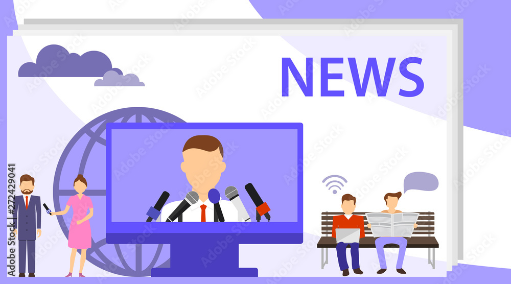 News vector illustration. The concept of news, interview. Flat tiny TV and newsletter read persons concept. Business service to provide information using digital websites