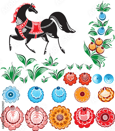Set of elements of floral russian traditional vector ethnic ornament Gorodets on isolated white background for your design