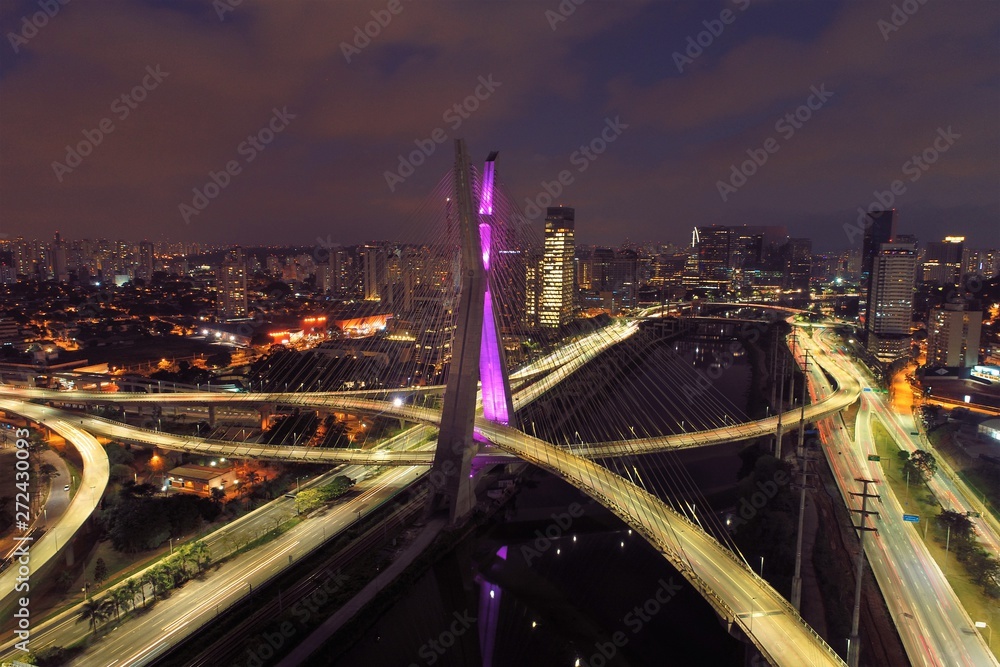 Fototapeta premium Estaiada's bridge night aerial view. São Paulo, Brazil. Business center. Financial Center. Great landscape. 