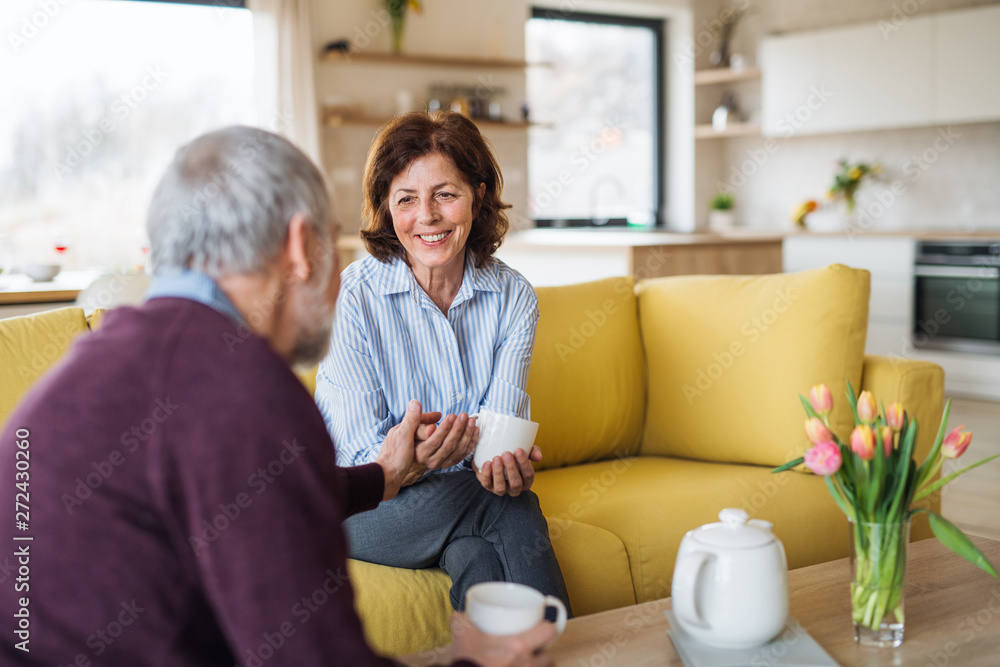 An affectionate senior couple in love sitting on sofa indoors at home. An affectionate senior couple in love sitting on sofa indoors at home.