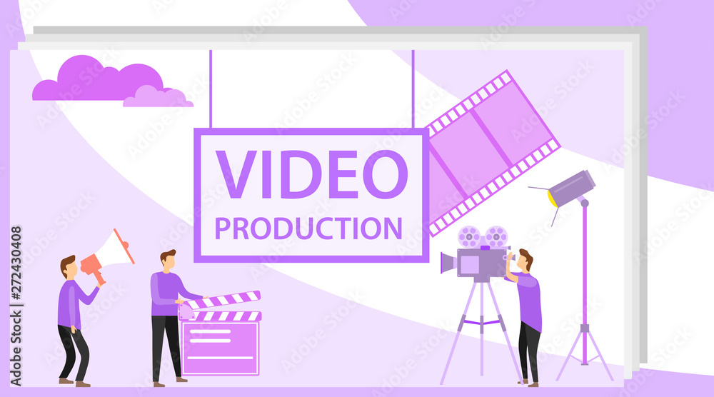 Video production concept. People are engaged in the production of the film. Making visual content for social media. Writing scenario, shooting video and editing usinf special