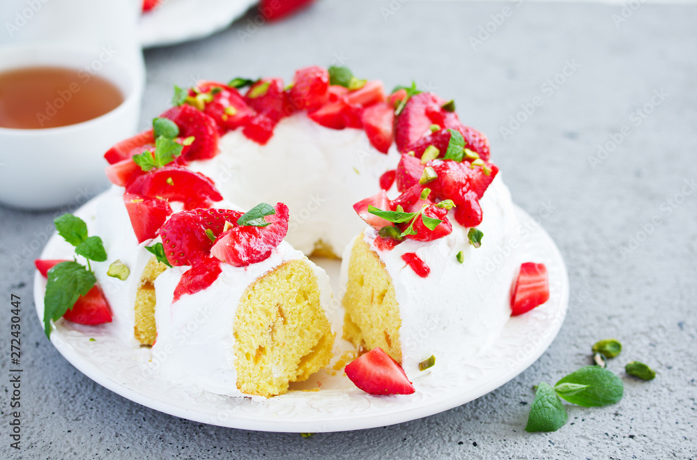 Vanilla cake with cream and strawberries. Vanilla cake with cream and strawberries.