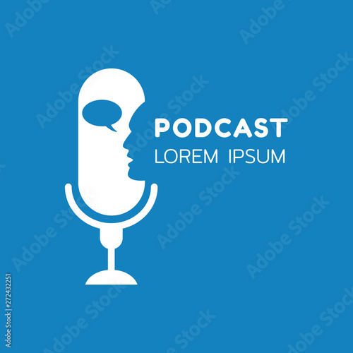  logo or icon podcast with talking on blue background ,vector graphic
