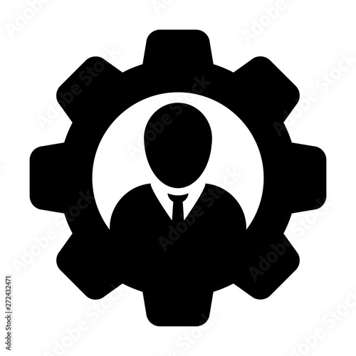 Configuration icon vector male person profile avatar with gear cogwheel for settings in flat color glyph pictogram illustration