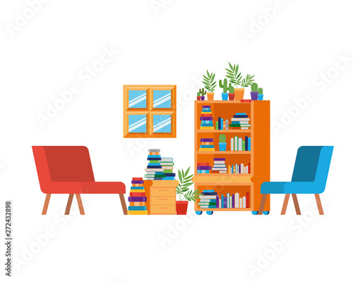 living room with couch and bookshelf of books
