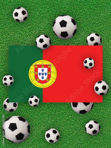 Football  soccer 2020. Portugal  flag with football balls on a grass background. Championship in Europe. 3D illustration.
