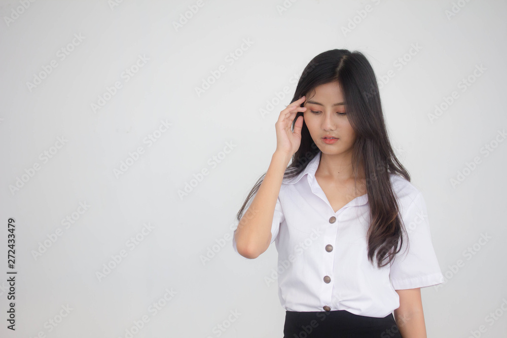 Portrait of thai adult student university uniform beautiful girl Think Portrait of thai adult student university uniform beautiful girl Think