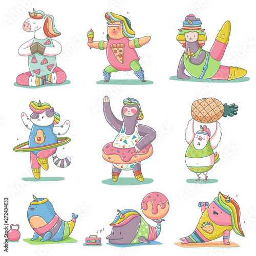 Unicorn yoga and fitness vector set. Cute cartoon magic animals characters with rainbow hairs isolated on a white background.