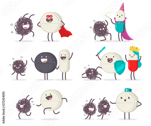 Medical tablet, pills and virus vector cartoon cute characters set isolated on a white background.