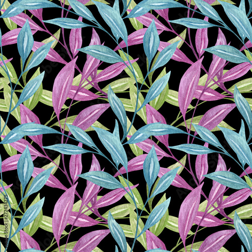 Floral seamless pattern. Leaves fabric background. Big abstract floral twigs with color leaves on black bacground