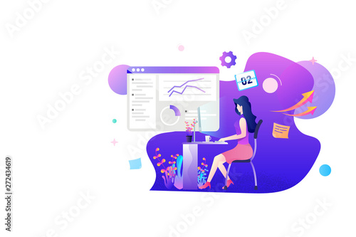 a woman working on marketing statistic flat concept design. management marketing and product analysis