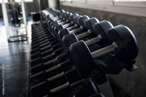 steel dumbbell set in fitness gym