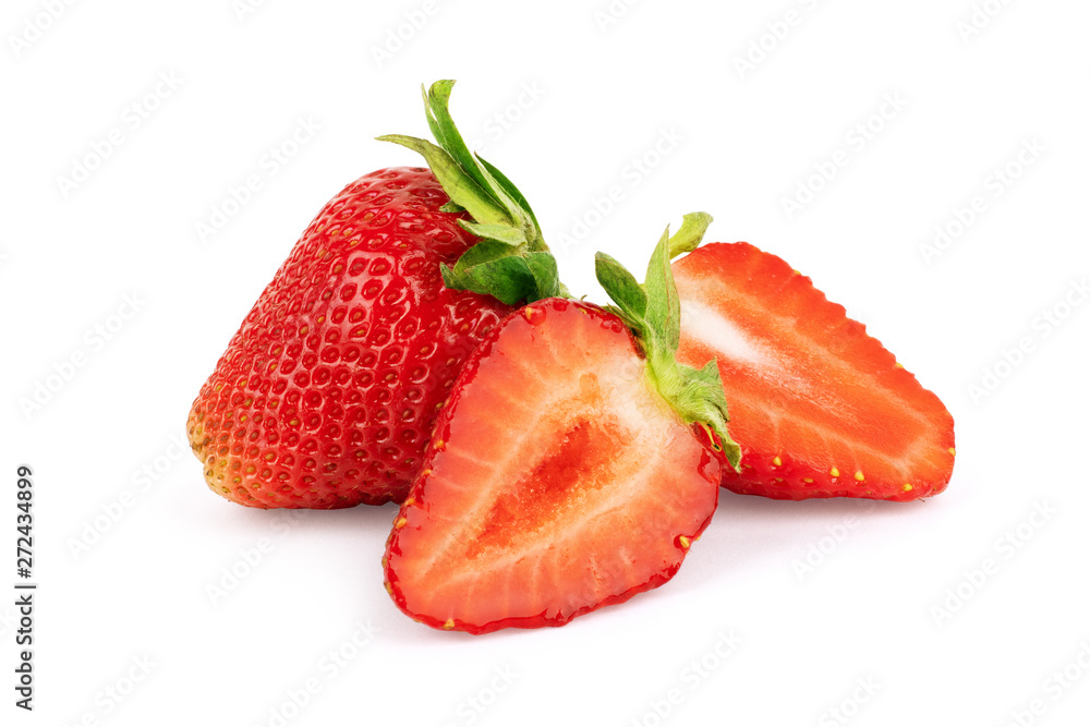 Perfectly retouched strawberry with sliced half and leaves isolated on white background with clipping path. Perfectly retouched strawberry with sliced half and leaves isolated on white background with clipping path.