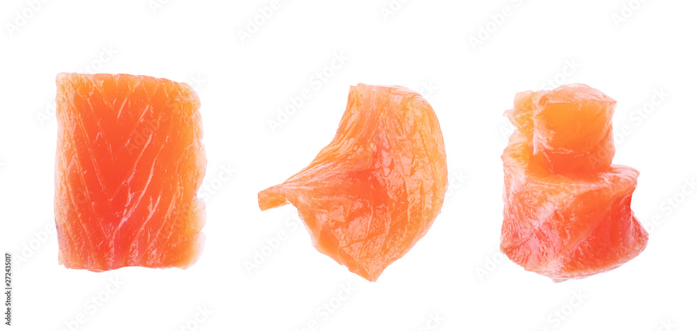 Set of slices of salted salmon on a white background Set of slices of salted salmon on a white background