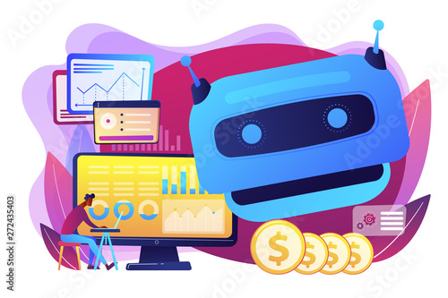 Futuristic calculating machine, business analysis assistance. Artificial intelligence in financing, robo finance advisor, AI hedge funds concept. Bright vibrant violet vector isolated illustration