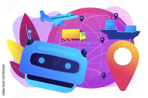 Artificial intelligence delivery, logistics and distribution. AI in travel and transportation, AI travel recommendations, AI smart booking concept. Bright vibrant violet vector isolated illustration