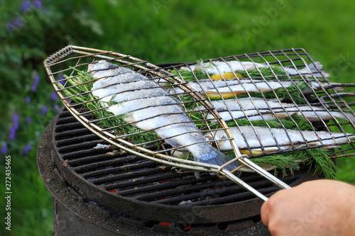 Grilling fish on campfire. The process of grilling trout