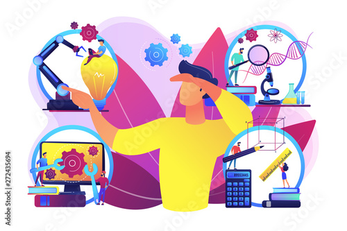 Multidisciplinary teaching method, modern learning system, knowledge gaining. STEM education, STEM integration, engineering for kids concept. Bright vibrant violet vector isolated illustration