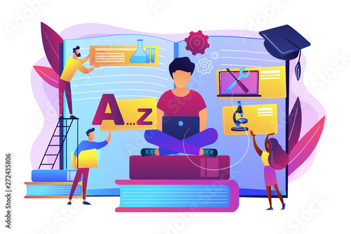 Student centered education, knowledge gaining, remote graduation. Bite-sized learning, learn at own pace, flexible learning process concept. Bright vibrant violet vector isolated illustration