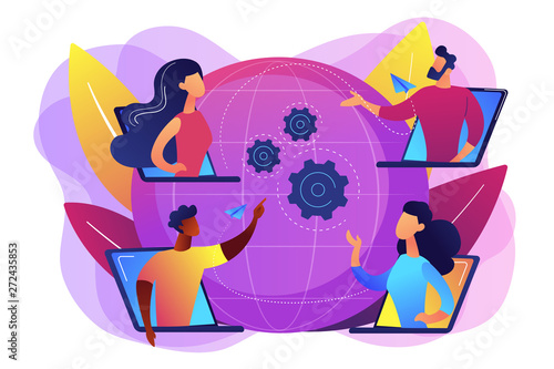 Colleagues business meeting, company internet webcast. Online meetup, join meetup group, meetup website service, best communication here concept. Bright vibrant violet vector isolated illustration