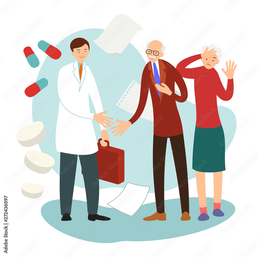 Old patients. Older people on visit to doctor. Professional consults man with sick heart and woman with sore head. Home assistance concept. Flat design. Cartoon illustration isolated white background