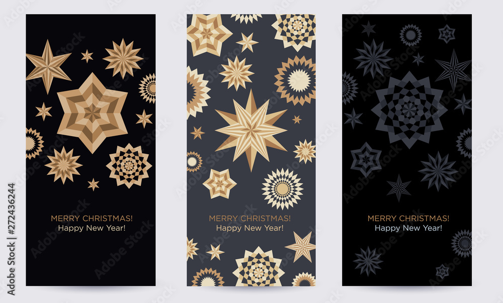 A set of greeting card with golden snowflakes and stars. Trendy christmas design template of leaflet cover, flayer, card, beauty salon, spa, restaurant, club. Vector illustration. A set of greeting card with golden snowflakes and stars. Trendy christmas design template of leaflet cover, flayer, card, beauty salon, spa, restaurant, club. Vector illustration.