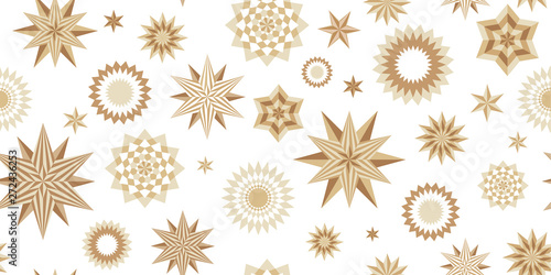 Abstract christmas pattern with geometric snowflakes and stars on white background. Seamless ornament for decor, wallpaper, gift paper and design of New Year's souvenirs. Vector illustration