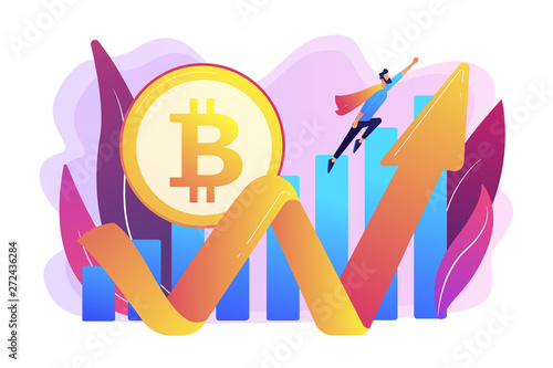 Virtual money capitalization rise. Blockchain technology. Cryptocurrency makes comeback, bitcoin price back, cryptocurrency market growth concept. Bright vibrant violet vector isolated illustration