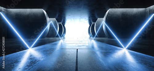 Fototapeta Naklejka Na Ścianę i Meble -  Neon Lights Sci Fi Glowing Blue Lasers Modern Futuristic Sci Fi Concrete Grunge Reflective Tiled Floor Columns Hallway Garage Underground White Glow Asphalt Room Gallery Elegant 3D Rendering