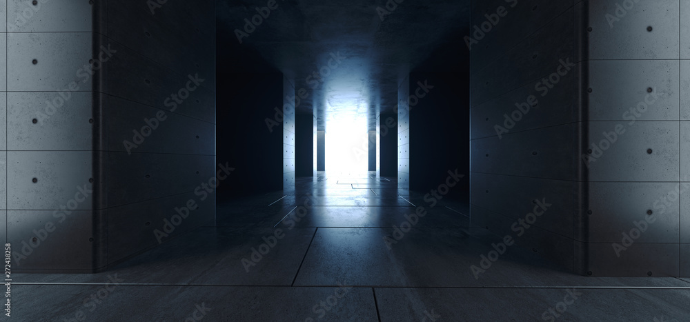 Modern Futuristic Sci Fi Concrete Grunge Reflective Tiled Floor Columns Hallway Garage Underground White Glow Asphalt Room Gallery Elegant 3D Rendering