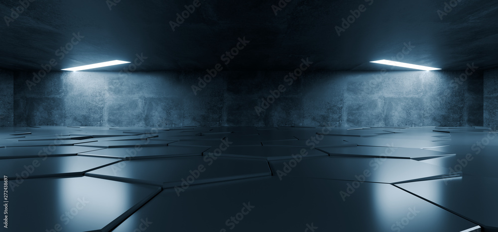 Sci Fi Futuristic Concrete Grunge Tunnel Hallway Reflective Garage Underground Garage Glowing Blue White Windows Led Lights Tiled Floor 3D Rendering Sci Fi Futuristic Concrete Grunge Tunnel Hallway Reflective Garage Underground Garage Glowing Blue White Windows Led Lights Tiled Floor 3D Rendering