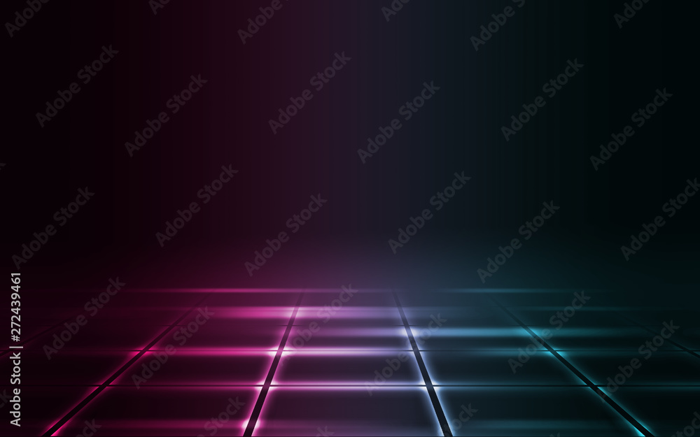 Empty background scene. Dark street reflection on wet asphalt. Rays of neon light in the dark, neon figures, smoke. Background of empty stage show. Abstract dark background. Empty background scene. Dark street reflection on wet asphalt. Rays of neon light in the dark, neon figures, smoke. Background of empty stage show. Abstract dark background.