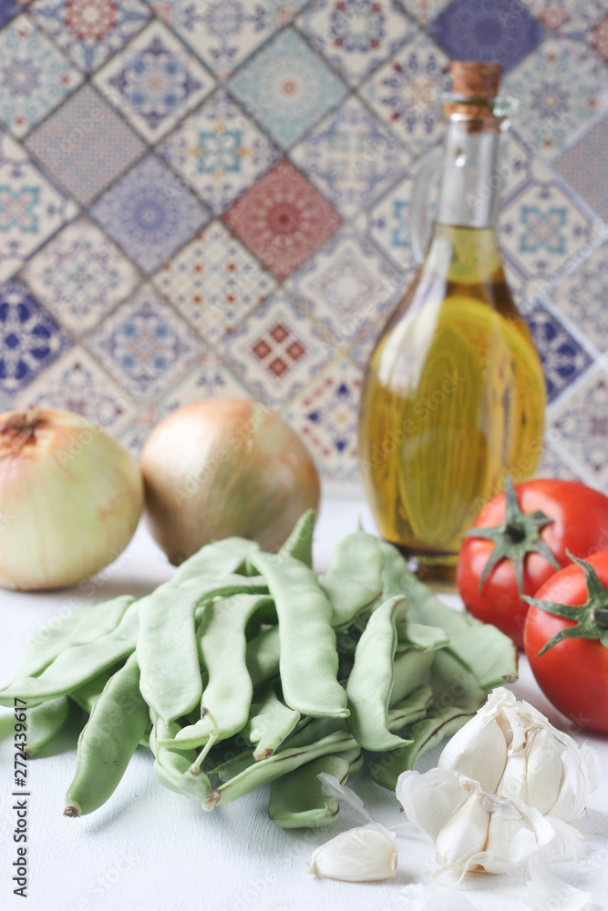 Fresh green bean meal ingredients, Turkish traditional food Fresh green bean meal ingredients, Turkish traditional food
