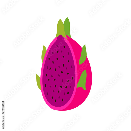 cut half of Red dragon fruit, Summer tropical fruit, cartoon flat icon, vector illustration sketch isolated on white background